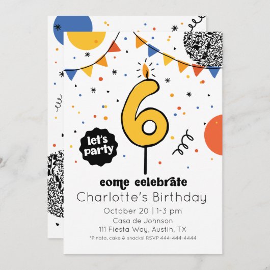Zesde verjaardag kaars Doodle uitnodiging (Voorkant / Achterkant)