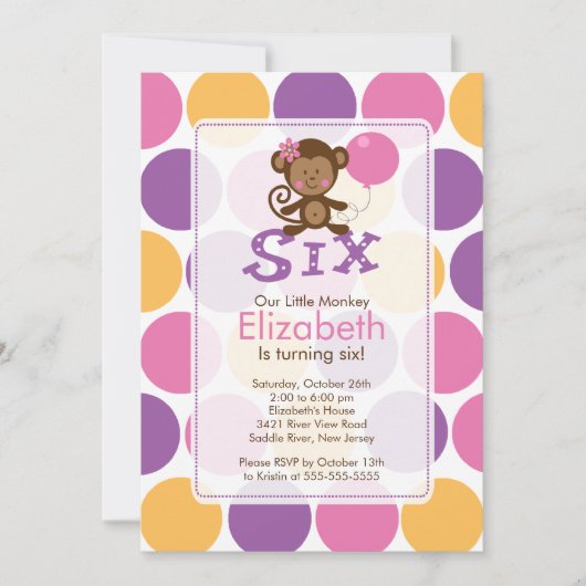 Zesde verjaardag Uitnodiging voor kleine apen op z (Voorkant)