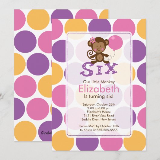 Zesde verjaardag Uitnodiging voor kleine apen op z (Voorkant / Achterkant)