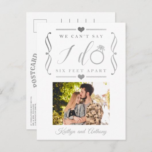 ZesenFeet Apart Wedding Postponement Verandering v Aankondigingskaart (Voorkant / Achterkant)