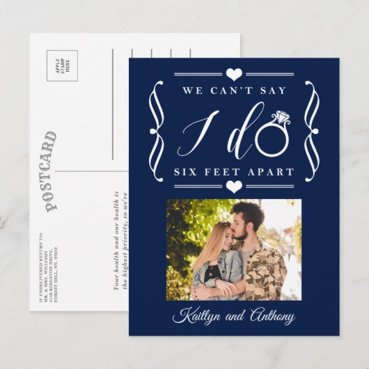 ZesenFeet Apart Wedding Postponement Verandering v Aankondigingskaart (Voorkant / Achterkant)