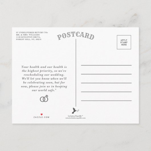 ZesenFeet Apart Wedding Postponement Verandering v Aankondigingskaart (Achterkant)