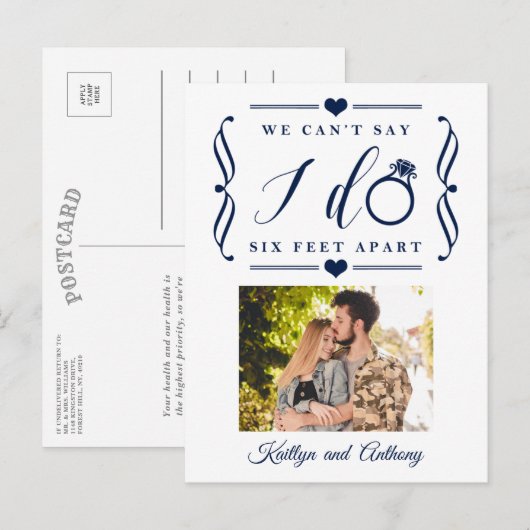 ZesenFeet Apart Wedding Postponement Verandering v Aankondigingskaart (Voorkant / Achterkant)