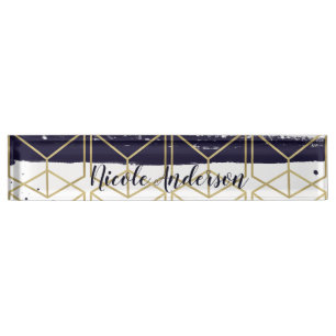 Zeshoek modern marineblauw gouden geometrische gla naambordje