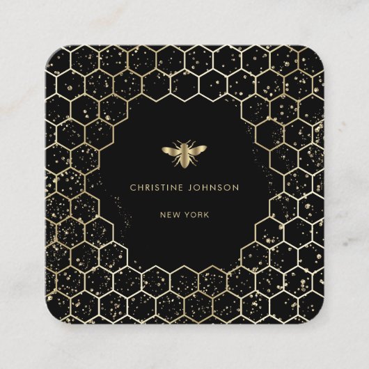 Zeshoeken bij logo op zwart vierkante visitekaartje (Voorkant)