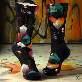 Zeshoekig Abstract in Smaragd, Oranje op Zwart Sokken