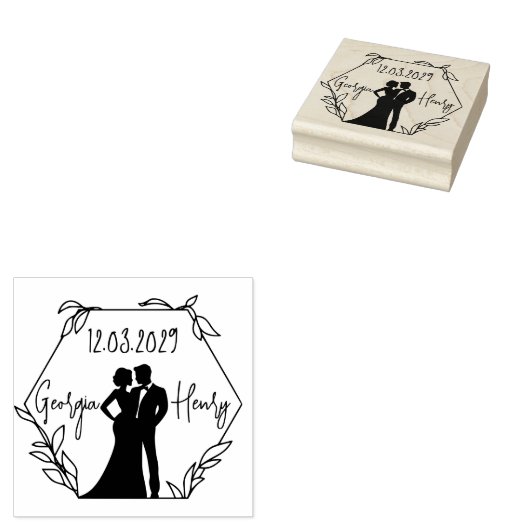Zeshoekige Trouwstempel met Silhouet van Paar Rubberstempel (Gestempeld)