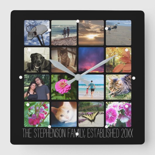 Zestien afgeronde hoeken Foto collage of Instagram Vierkante Klok (Voorkant)