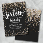 Zestien Black Gold Glitter 16e verjaardag Kaart<br><div class="desc">Introductie van een chique en speelse Sweet Sixteen 16e verjaardagsfeestje uitnodiging, perfect voor het vieren van 16 jaar oud in stijl. Het elegante ontwerp is voorzien van een mix van goud en zilver glitter confetti, het toevoegen van een glamoureuze touch. Bovenaan wordt "Sixteen" prominent weergegeven in gedurfde kalligrafie, waardoor de...</div>