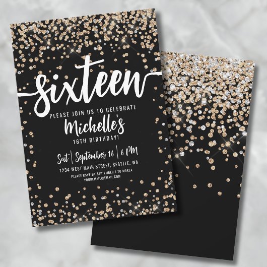 Zestien Black Gold Glitter 16e verjaardag Kaart