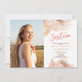 Zestien Boho Roze Foto 16e Verjaardagsfeestje Kaart (Voorkant)