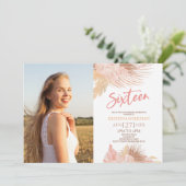 Zestien Boho Roze Foto 16e Verjaardagsfeestje Kaart (Staand voorkant)