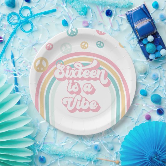 Zestien is een Vibe Retro Summer Rainbow Papieren Bordje (Feest)