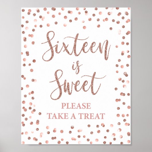 Zestien is Sweet Roos Gold Glitter Confetti Sign Poster (Voorkant)