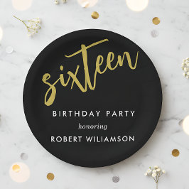zestien op zwarte verjaardag papieren bordje