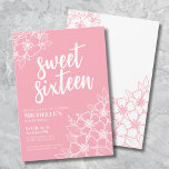 Zestien Roze Elegant Sweet 16 Party Kaart<br><div class="desc">16e Roze Bloemen Zoete Zestien Verjaardag Uitnodiging. Een leuke maar elegante 16e verjaardag uitnodiging met girly roze en witte bloem contouren. Een speels bloemmotief lijsten een script typografie "sweet sixteen" gemengd met een meer klassieke serif lettertype. Vier 16 jaar van het leven met dit stijlvolle, prachtige botanische ontwerp. Het leuke...</div>