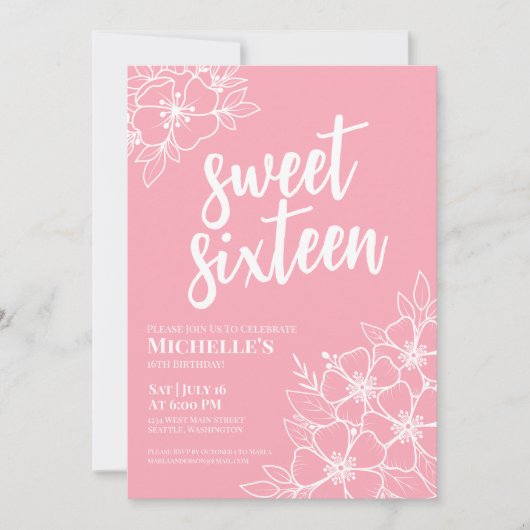 Zestien Roze Elegant Sweet 16 Party Kaart (Voorkant)