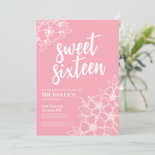 Zestien Roze Elegant Sweet 16 Party Kaart (Staand voorkant)