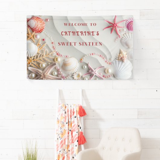 Zestien Strandfeest Schelpen Parels Koraal Spandoek (Insitu)