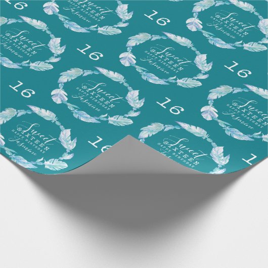 Zestien veren en krads aqua-waterverf cadeaupapier (Hoek)