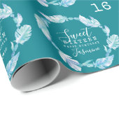 Zestien veren en krads aqua-waterverf cadeaupapier (Rol Hoek)