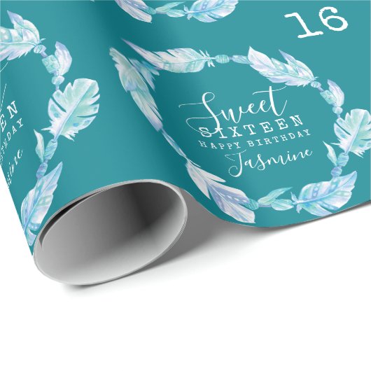 Zestien veren en krads aqua-waterverf cadeaupapier (Rol Hoek)