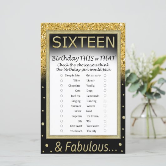 Zestien verjaardag dit of dat spel (Staand voorkant)