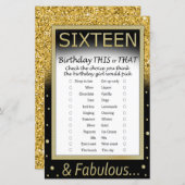 Zestien verjaardag dit of dat spel (Voorkant / Achterkant)