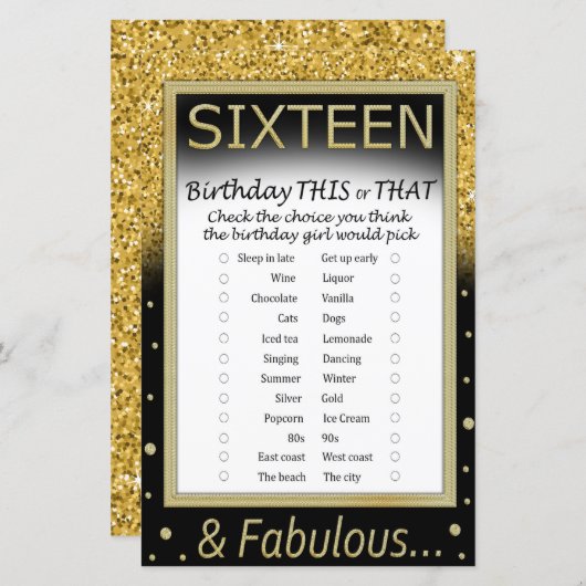 Zestien verjaardag dit of dat spel (Voorkant / Achterkant)