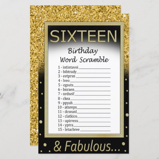 Zestien verjaardag Word Scramble Game (Voorkant / Achterkant)
