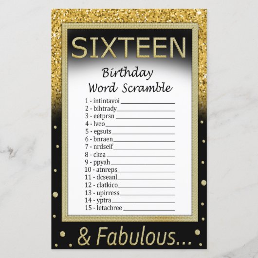 Zestien verjaardag Word Scramble Game (Voorkant)