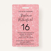Zestien Verjaardagsfeestje VIP PASS Roze Glitter Badge (Achterkant)
