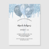 Zestien witte blauwe ballonnen glitters drop luxe magnetische uitnodiging (Voorkant)