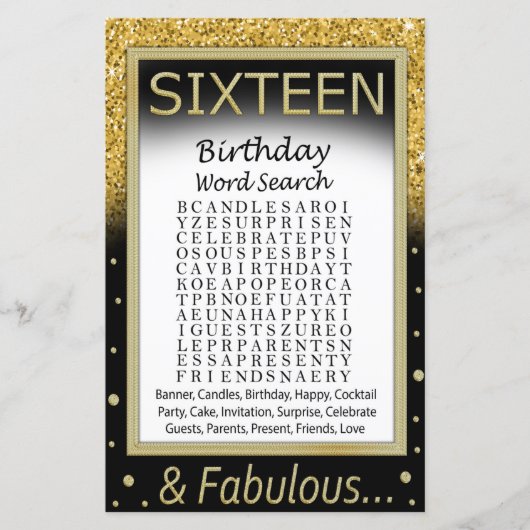 Zestien Word Search Game op jaardag (Voorkant)