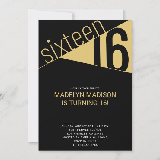 zestien | Zwart & Goud 16e verjaardagsfeestje Kaart (Voorkant)