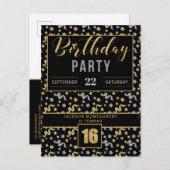 Zestiende verjaardag Confetti in Zwart en Goud Uitnodiging Briefkaart (Voorkant / Achterkant)