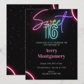 Zestiende verjaardag Glow Neon Uitnodiging (Voorkant / Achterkant)