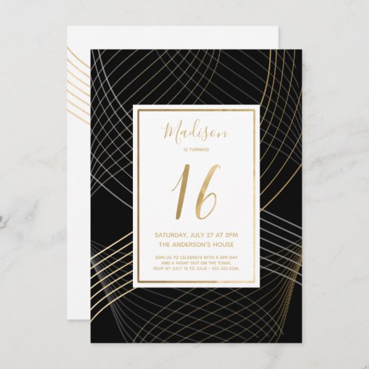 Zestiende verjaardag uitnodiging - zwart, goud, el (Voorkant / Achterkant)