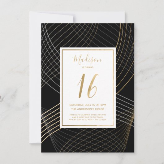 Zestiende verjaardag uitnodiging - zwart, goud, el (Voorkant)