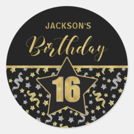 Zestiende Verjaardag Zwart en Goud Confetti Ronde Sticker