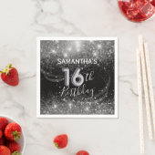 Zestiende zilveren glitter en zwarte verjaardag servet (Insitu)