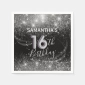 Zestiende zilveren glitter en zwarte verjaardag servet (Voorkant)