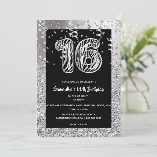 Zestiende zwarte zilverkleurige zebra met glitter kaart (Staand voorkant)