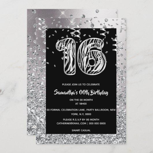 Zestiende zwarte zilverkleurige zebra met glitter kaart (Voorkant / Achterkant)