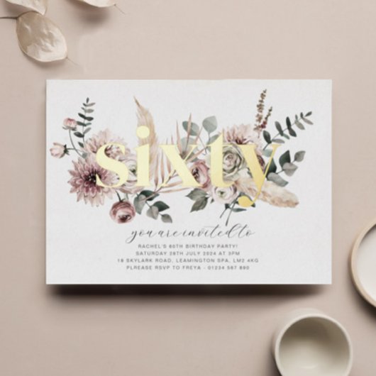 Zestig bloemen - 60ste verjaardag - Goud Folie Uitnodiging