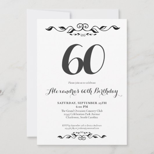 Zestig Elegant Zwart & Wit 60ste Verjaardagsfeestj Kaart (Voorkant)