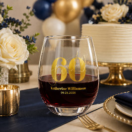 Zestig Elegante Blauw & Goud 60e Verjaardag Wijnglas Zonder Voet