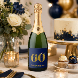Zestig Elegante Blauwe & Gouden 60e Verjaardag Sparkling Wijnetiket