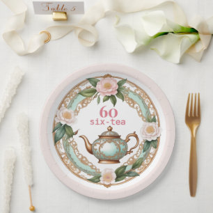 Zestig Elegante Bloemen Mooie Theepot 60ste Verjaa Papieren Bordje