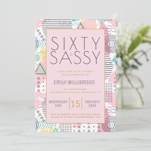 Zestig en eenvoudig roze 1980s Memphis Design 60th Kaart (Staand voorkant)